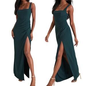 Lulus Glamorous Disposition Maxi Dress Ruched Slit Gown Emerald Green NEW Medium